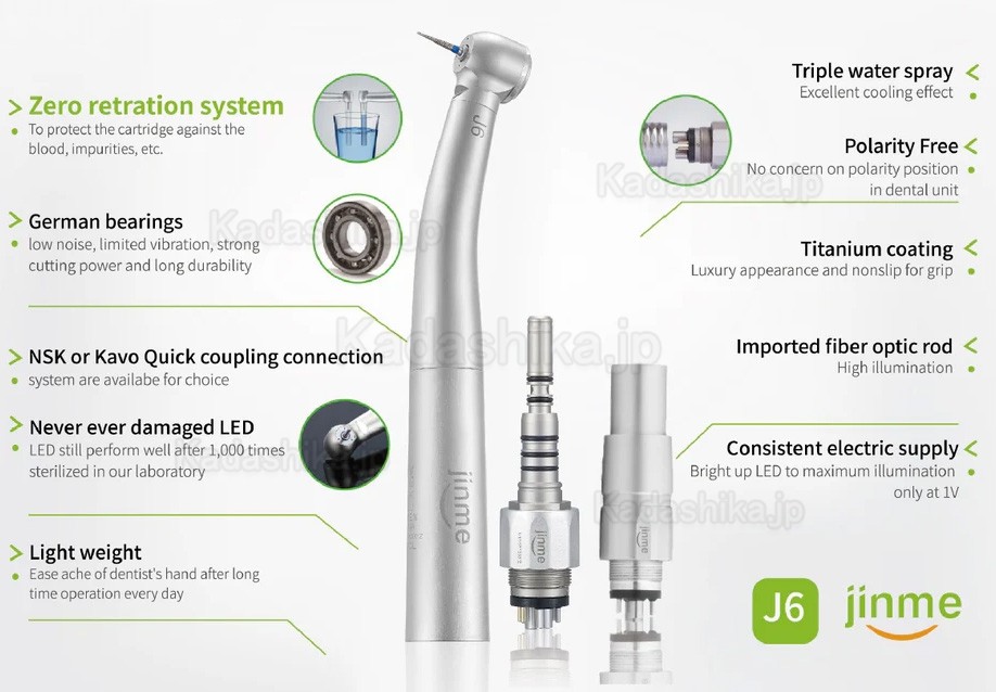 Jinme J6 歯科用タービンハンドピース、6穴、NSK/KVAOクイックカップリング付き